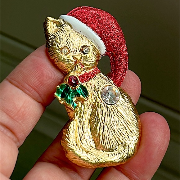 🖤Vtg Christmas Cat brooch with Santa hat - Picture 4 of 10